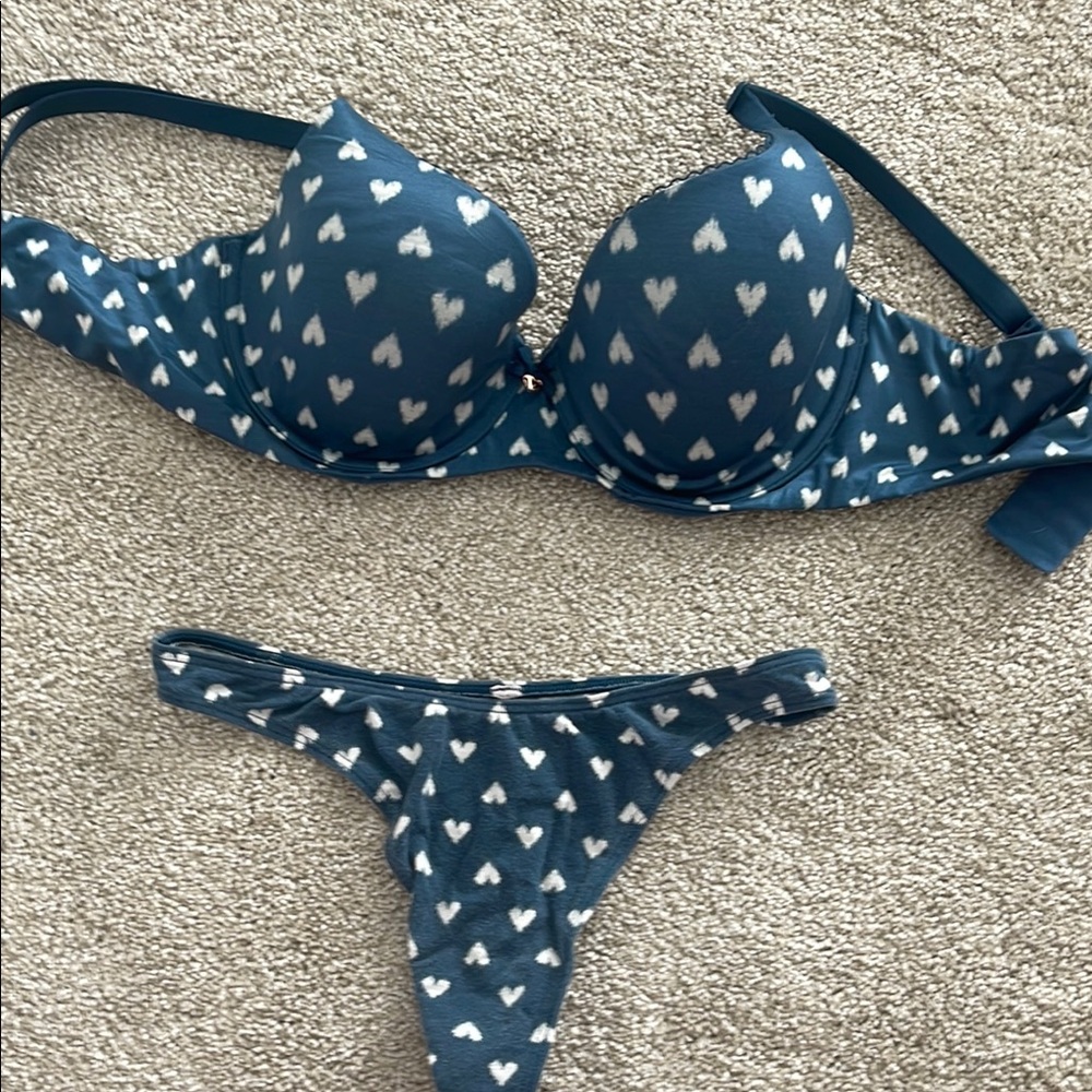 Heart Patterned Blue Lingerie Set